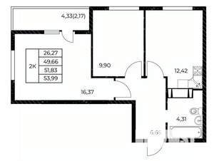 2-к квартира, вторичка, 54м2, 16/25 этаж