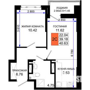 2-к квартира, строящийся дом, 41м2, 22/25 этаж
