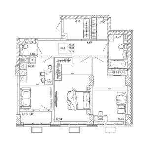 2-к квартира, строящийся дом, 76м2, 1/12 этаж