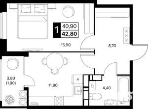 1-к квартира, строящийся дом, 43м2, 14/20 этаж