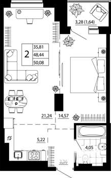 2-к квартира, строящийся дом, 50м2, 23/24 этаж