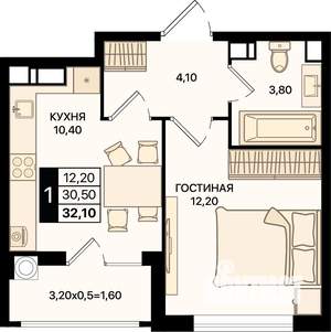 1-к квартира, вторичка, 32м2, 12/15 этаж