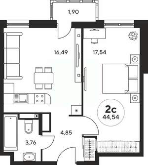 2-к квартира, вторичка, 45м2, 3/25 этаж