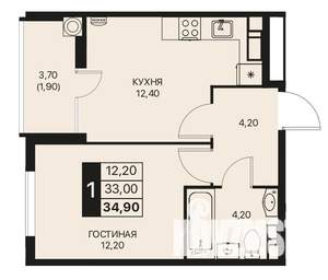 1-к квартира, строящийся дом, 35м2, 12/12 этаж
