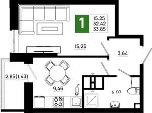 1-к квартира, вторичка, 34м2, 12/21 этаж