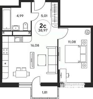 2-к квартира, вторичка, 39м2, 19/25 этаж