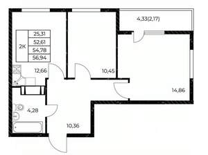 2-к квартира, вторичка, 57м2, 21/25 этаж
