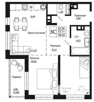 2-к квартира, строящийся дом, 60м2, 2/24 этаж