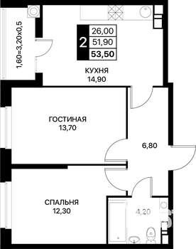 2-к квартира, вторичка, 54м2, 10/12 этаж