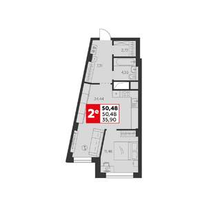 2-к квартира, строящийся дом, 50м2, 17/22 этаж