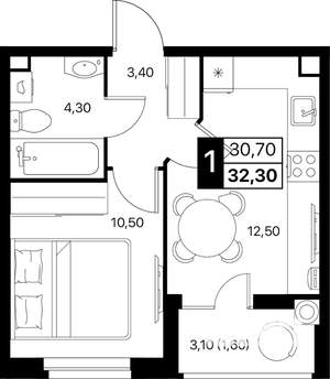 1-к квартира, вторичка, 32м2, 2/12 этаж