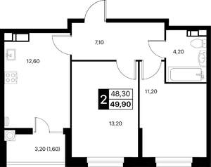 2-к квартира, вторичка, 50м2, 3/12 этаж
