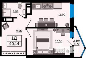 1-к квартира, вторичка, 40м2, 12/24 этаж