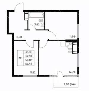 2-к квартира, строящийся дом, 55м2, 19/25 этаж