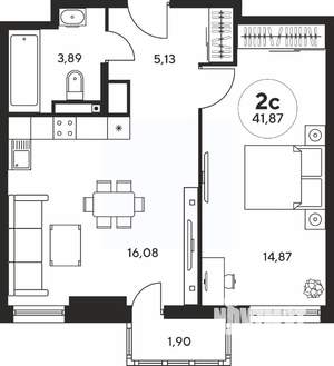 2-к квартира, вторичка, 42м2, 23/25 этаж