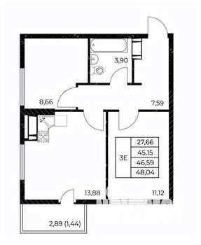 2-к квартира, строящийся дом, 48м2, 11/25 этаж