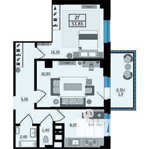 2-к квартира, строящийся дом, 55м2, 15/24 этаж