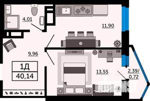 1-к квартира, вторичка, 40м2, 13/24 этаж