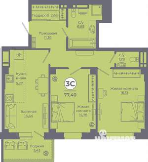 3-к квартира, вторичка, 77м2, 22/24 этаж