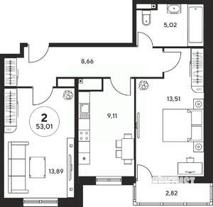 2-к квартира, вторичка, 53м2, 21/25 этаж