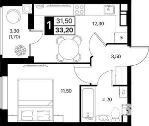 1-к квартира, вторичка, 33м2, 4/12 этаж