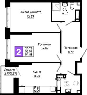 2-к квартира, вторичка, 55м2, 4/25 этаж