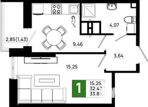 1-к квартира, вторичка, 34м2, 21/21 этаж