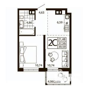 1-к квартира, строящийся дом, 39м2, 23/24 этаж