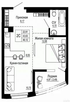 2-к квартира, вторичка, 46м2, 23/26 этаж