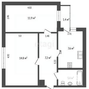 2-к квартира, вторичка, 46м2, 2/4 этаж