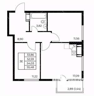 2-к квартира, строящийся дом, 55м2, 7/25 этаж