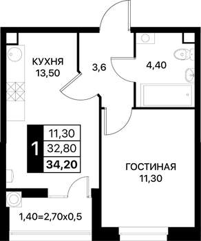 1-к квартира, вторичка, 34м2, 2/14 этаж