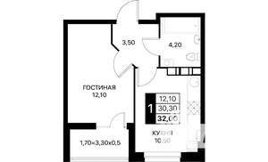 1-к квартира, вторичка, 32м2, 2/12 этаж
