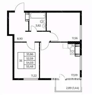 2-к квартира, строящийся дом, 55м2, 6/25 этаж