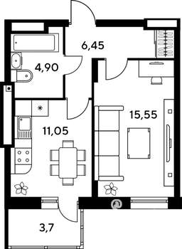 1-к квартира, строящийся дом, 42м2, 7/9 этаж