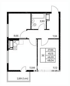 2-к квартира, строящийся дом, 48м2, 7/25 этаж