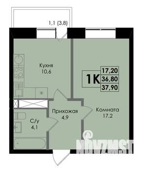 1-к квартира, вторичка, 38м2, 19/22 этаж