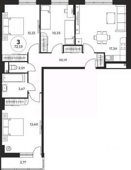 3-к квартира, вторичка, 72м2, 20/25 этаж