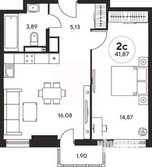 2-к квартира, вторичка, 42м2, 21/25 этаж