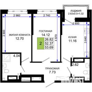 2-к квартира, вторичка, 54м2, 13/25 этаж