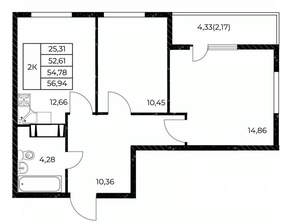 2-к квартира, вторичка, 57м2, 5/25 этаж