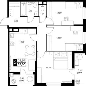 3-к квартира, вторичка, 84м2, 12/12 этаж