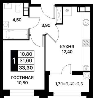 1-к квартира, вторичка, 33м2, 6/12 этаж