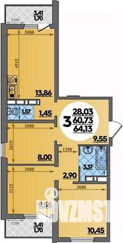 3-к квартира, вторичка, 64м2, 9/17 этаж