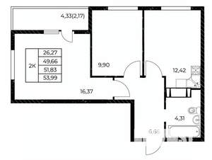 2-к квартира, вторичка, 54м2, 13/25 этаж