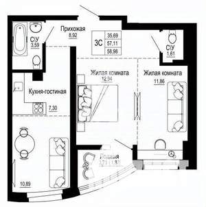 3-к квартира, вторичка, 58м2, 14/26 этаж