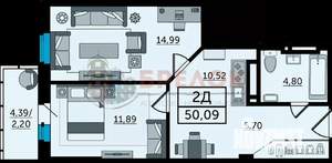2-к квартира, вторичка, 53м2, 14/25 этаж