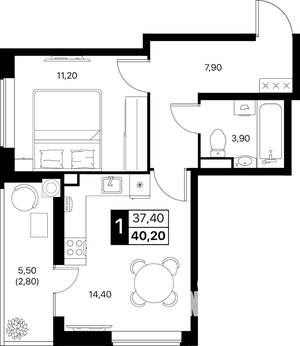 1-к квартира, вторичка, 40м2, 2/12 этаж