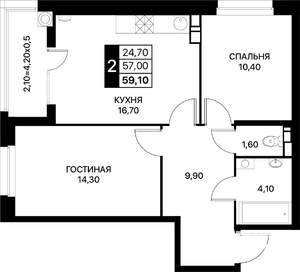 2-к квартира, вторичка, 59м2, 4/20 этаж