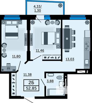 2-к квартира, строящийся дом, 53м2, 17/25 этаж